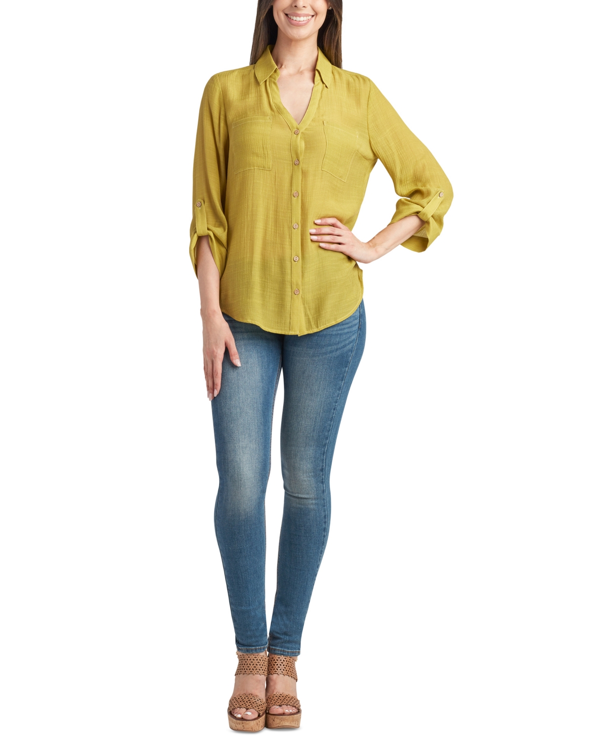 Bcx Juniors' Gauzy Collared Roll-Tab 3/4-Sleeve Shirt