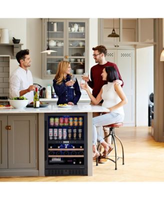 24" Dual Zone Fridge – Holds 24 Wine Bottles & 100 Cans, Quiet Cooling, Charcoal Filter, Door Alarm, Black Stainless Steel.