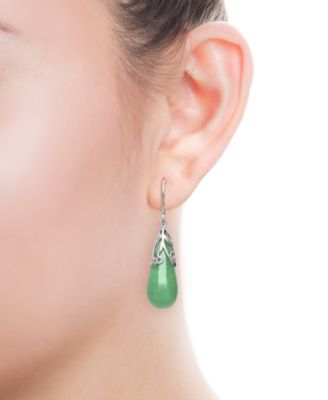 Dyed Jade Leaf Top Teardrop Earrings in Sterling Silver