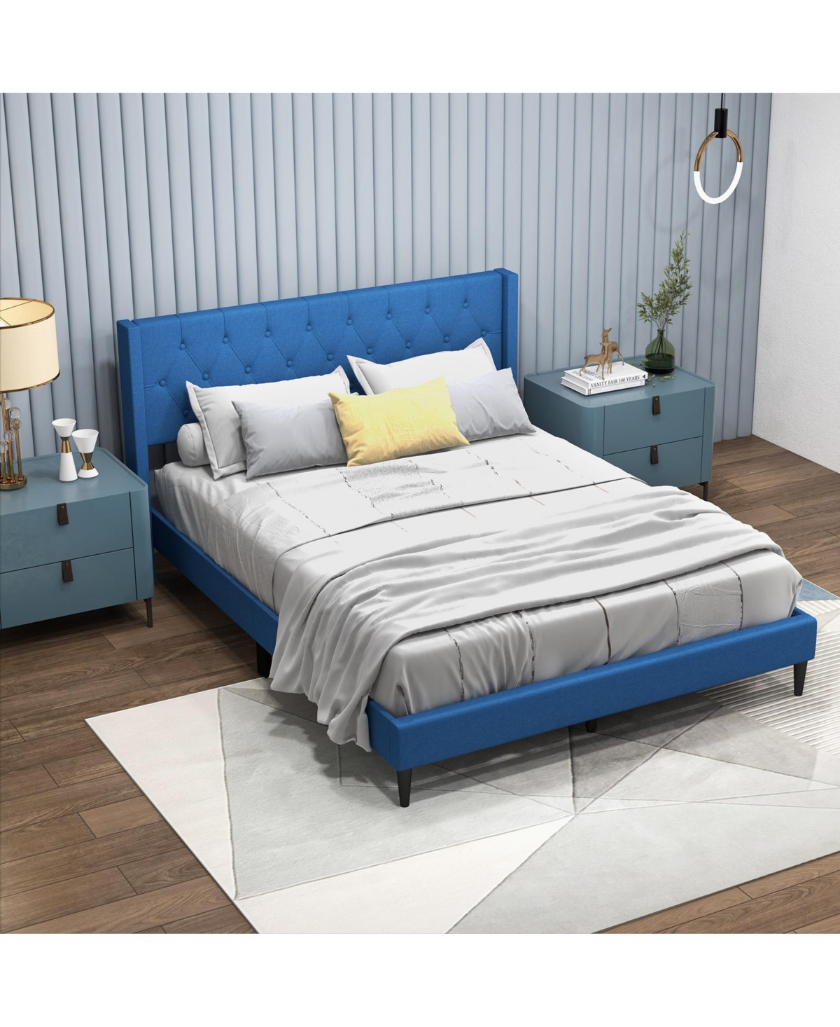 Slickblue Queen Size Upholstered Platform Bed with Button Tufted Wingback Headboard