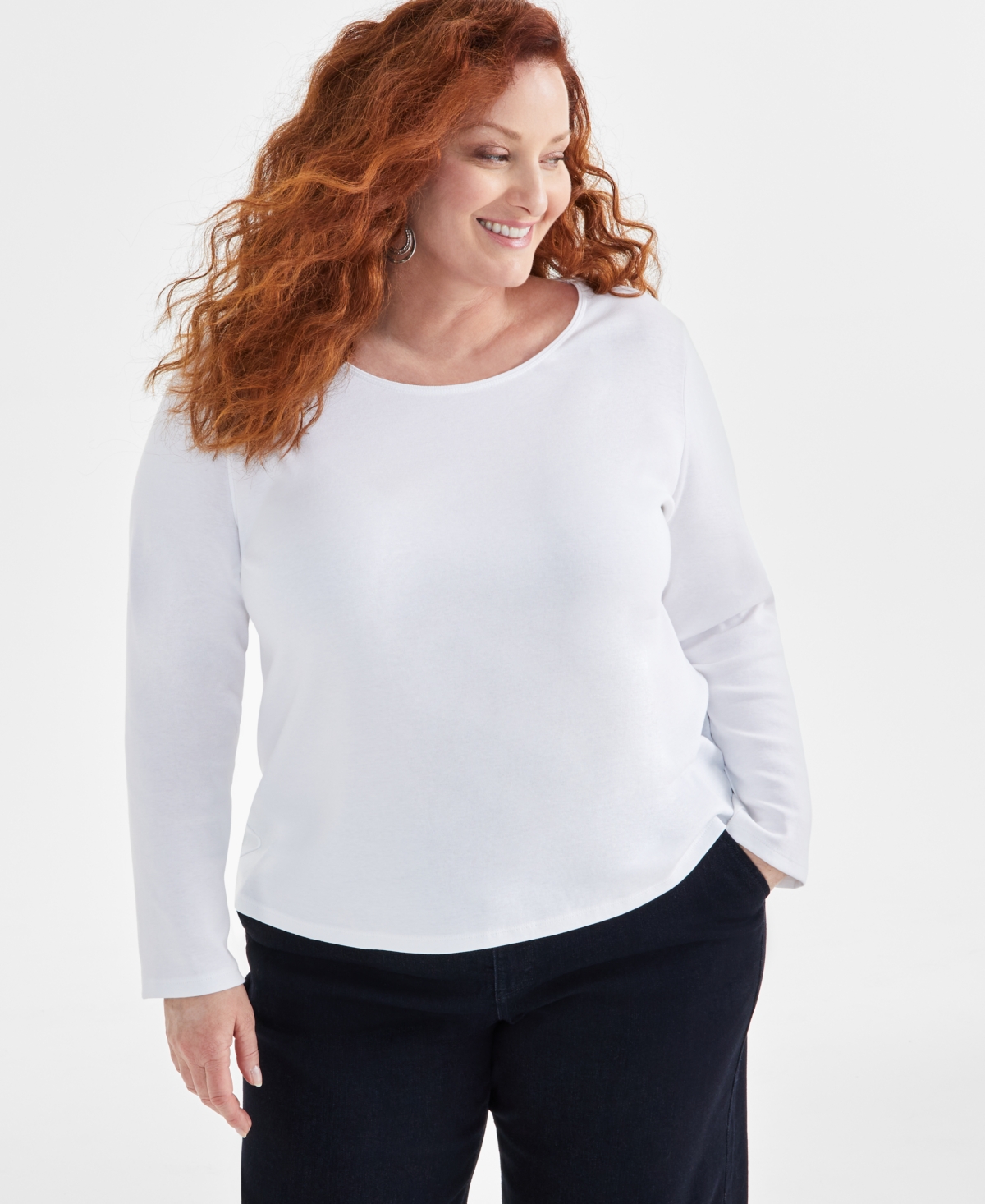 Plus Size Scoop-Neck Long-Sleeve Top, Exclusively for Macy's - Bright White