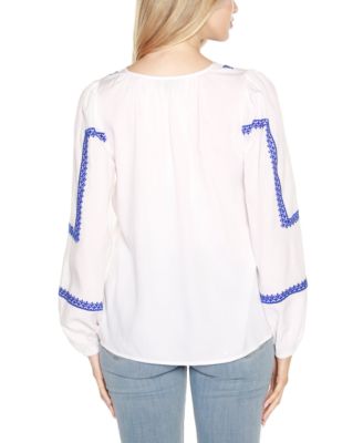 Black Label Embroidered Blouson Tie Neck Top