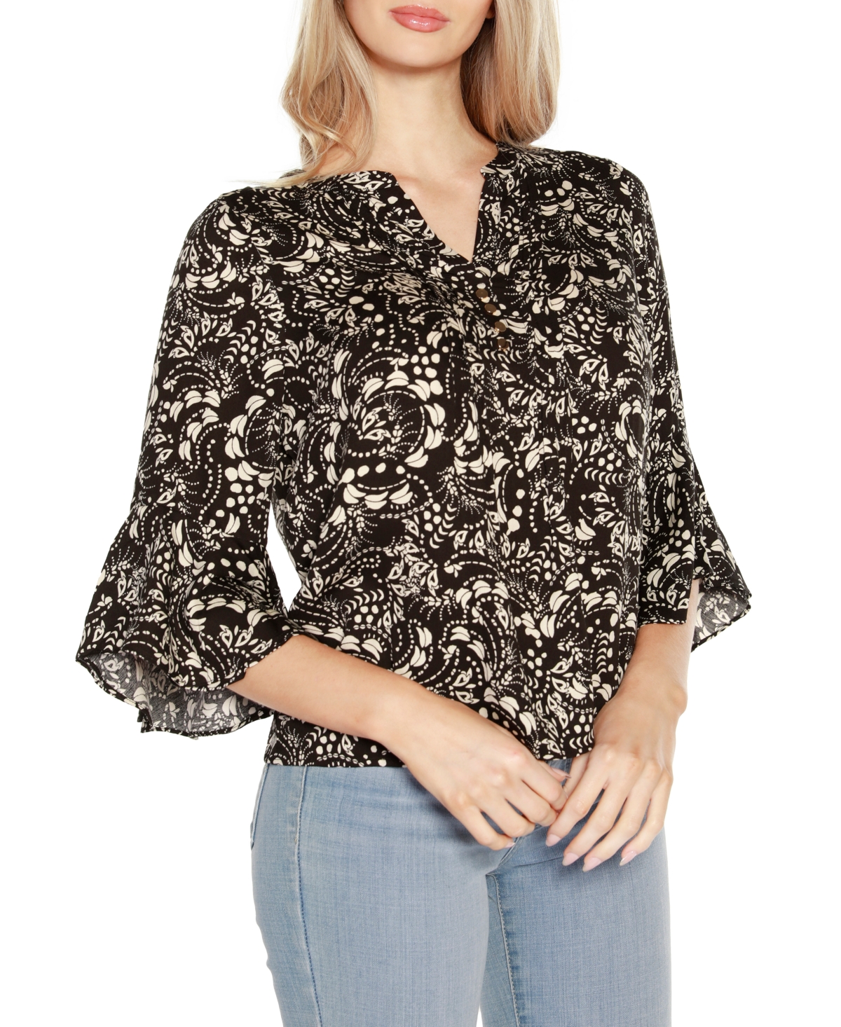 Shop Belldini Black Label Printed Ruffle Sleeve Top In Blk,wht