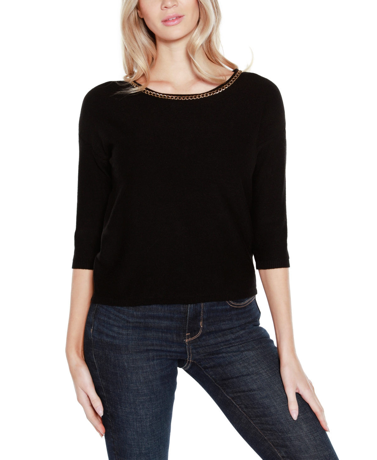 Shop Belldini Black Label Chain Detail 3/4-sleeve Sweater In Blk,gold