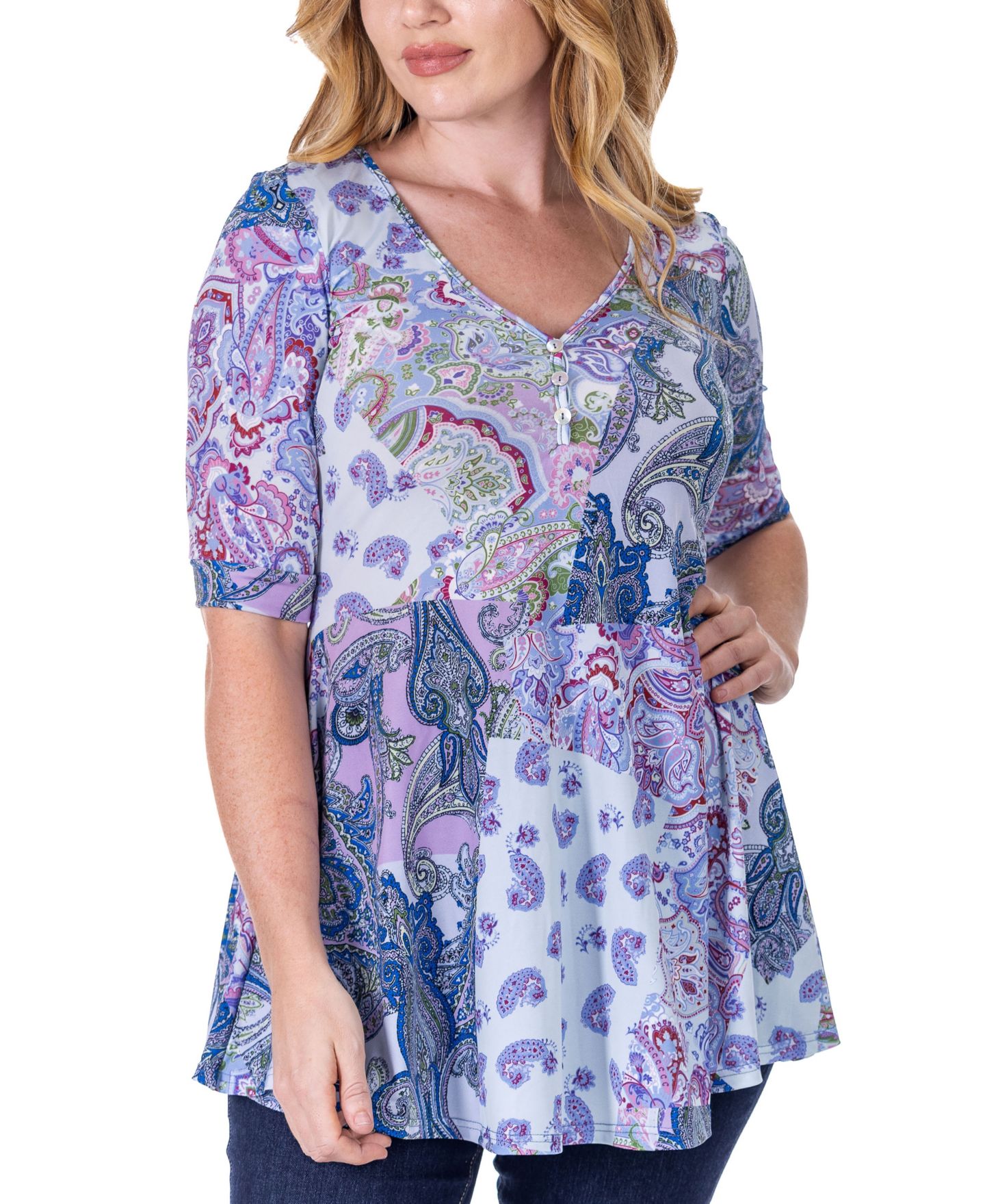 Женский топ 24seven Comfort Apparel Print Elbow Sleeve V Neck Henley Tunic Top, цвет: Miscellane — фото 1