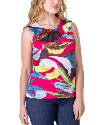 Print Pleated Crew Neckline Back Closure Sleeveless Top