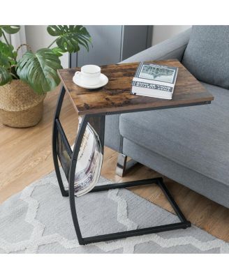 C-shaped Vintage End Table with Side Pocket and Metal Frame