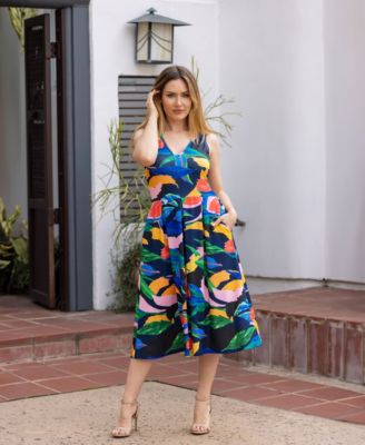 Print Sleeveless Pleated Pocket Midi Dress