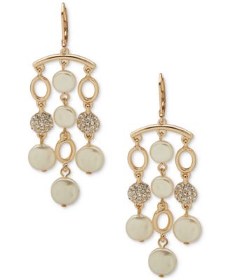 Anne Klein - Gold-Tone Pav&eacute; & Imitation Pearl Disc Chandelier Earrings