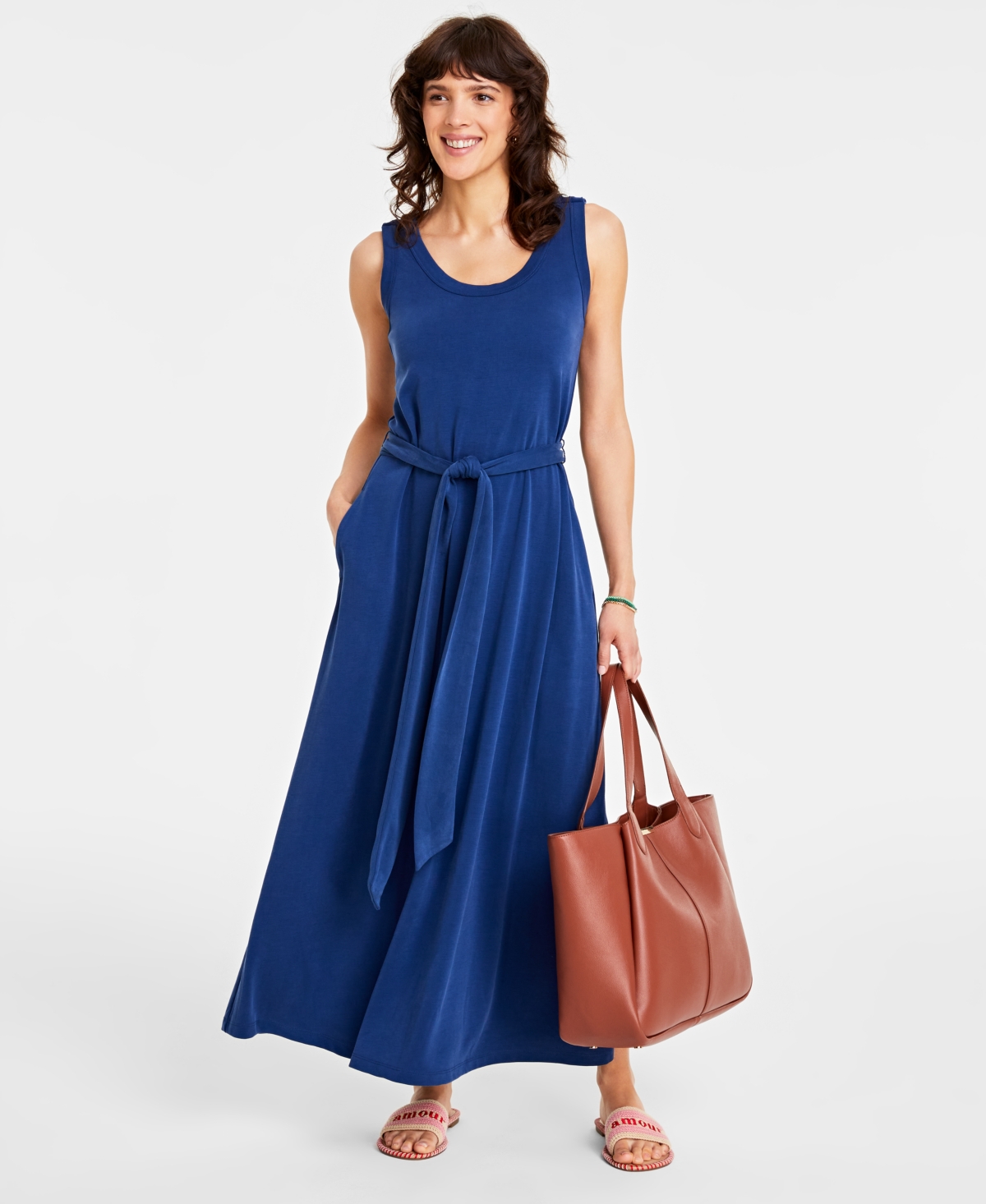 On 34th Women's Scoop-neck Waist-tie Maxi Dress, Created For Macy's In Blue