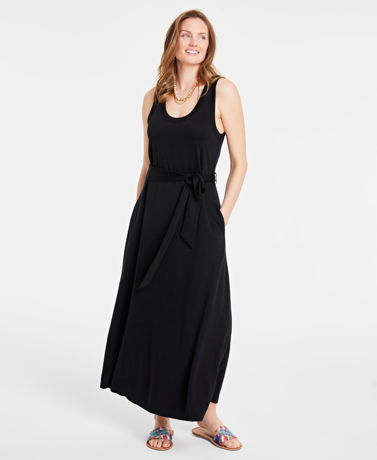 On 34th Women's Scoop-neck Waist-tie Maxi Dress, Created For Macy's In Black