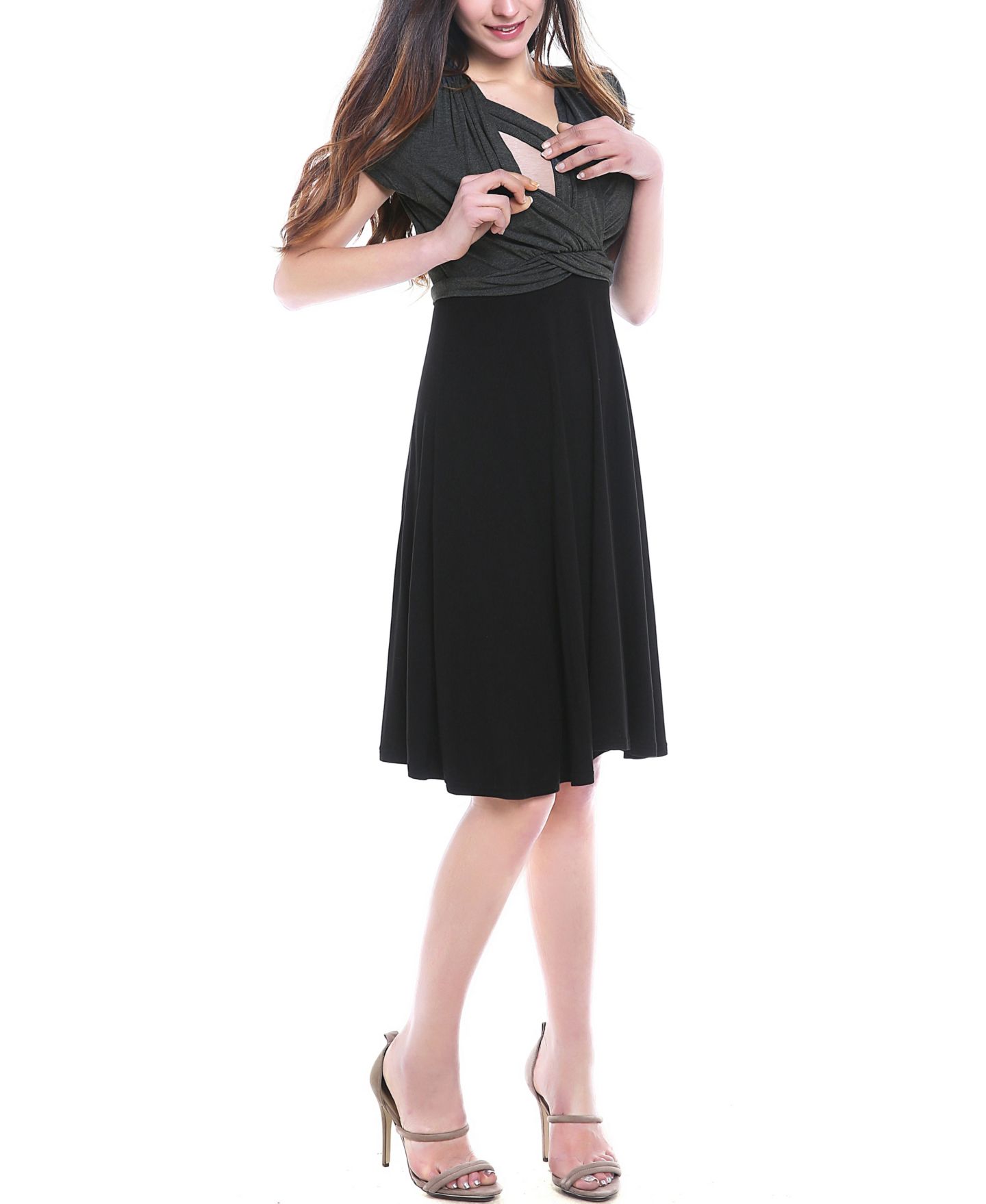 Женское платье kimi + kai V-Neck Faux Wrap Nursing, цвет: Чёрный / Серый — фото 2