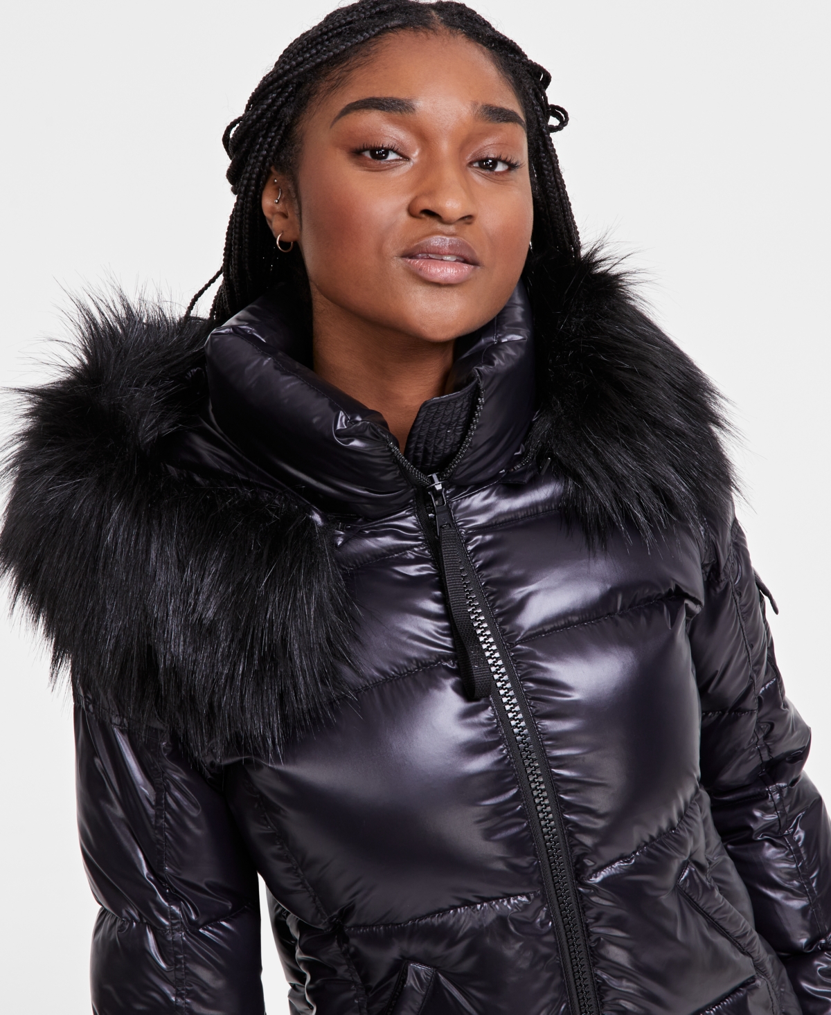 S13 Women's Hooded Allie Faux-Fur-Trim Hooded Puffer Coat -Black