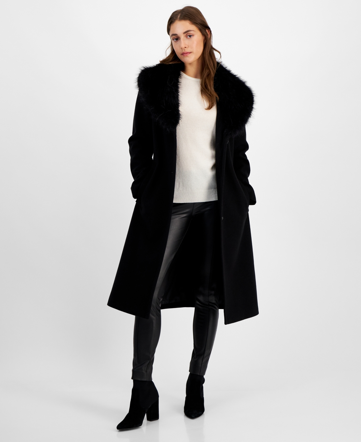 Sam Edelman Women's Belted Faux-Fur-Collar Walker Coat