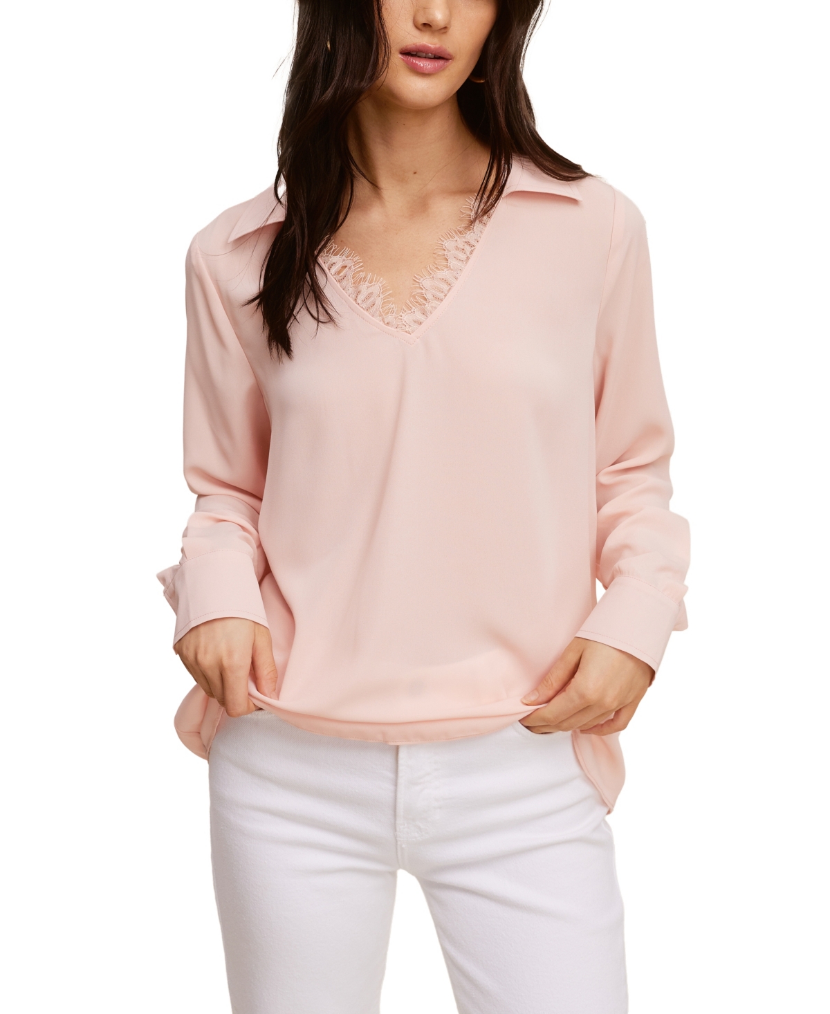 Solid Soft Crepe Top W/ Collar Lace - EVENING SAND