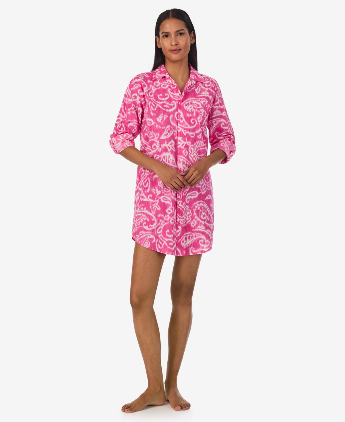 Shop Lauren Ralph Lauren Long Sleeve Roll Tab His Shirt Sleepshirt In Pink Pais