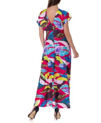 Print V Neck Empire Waist Kimono Cap Sleeve Maxi Dress