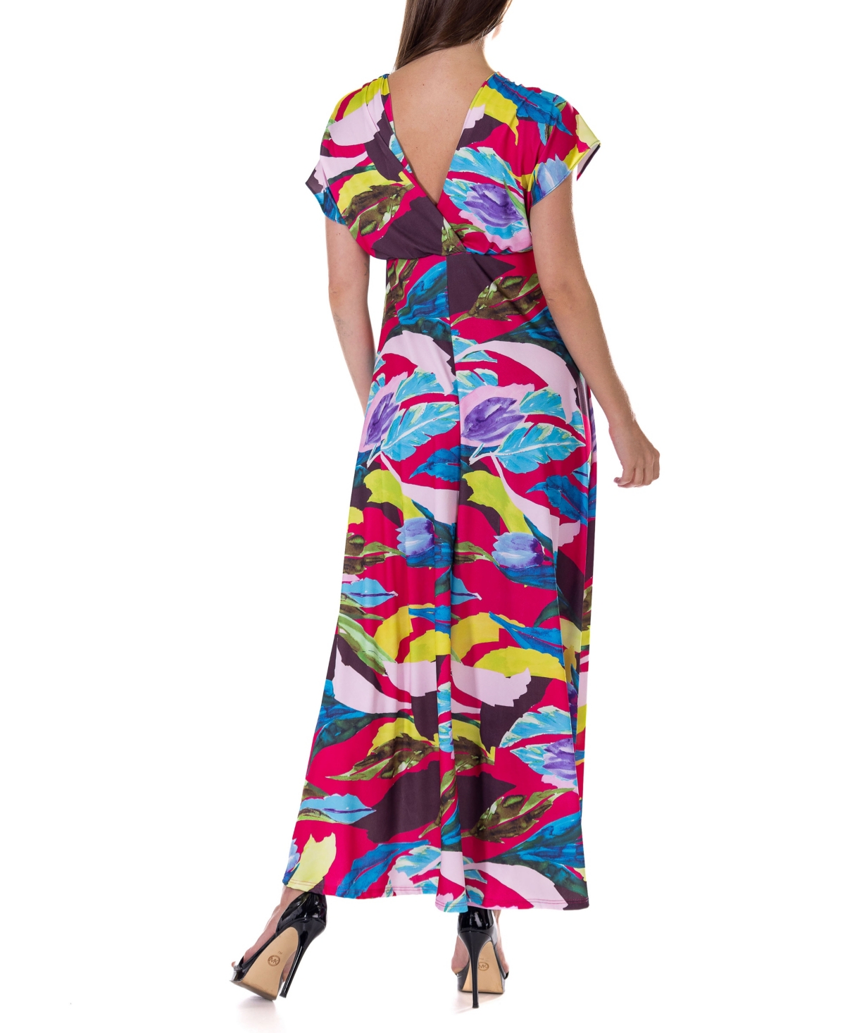 Shop 24seven Comfort Apparel Print V Neck Empire Waist Kimono Cap Sleeve Maxi Dress In Miscellane