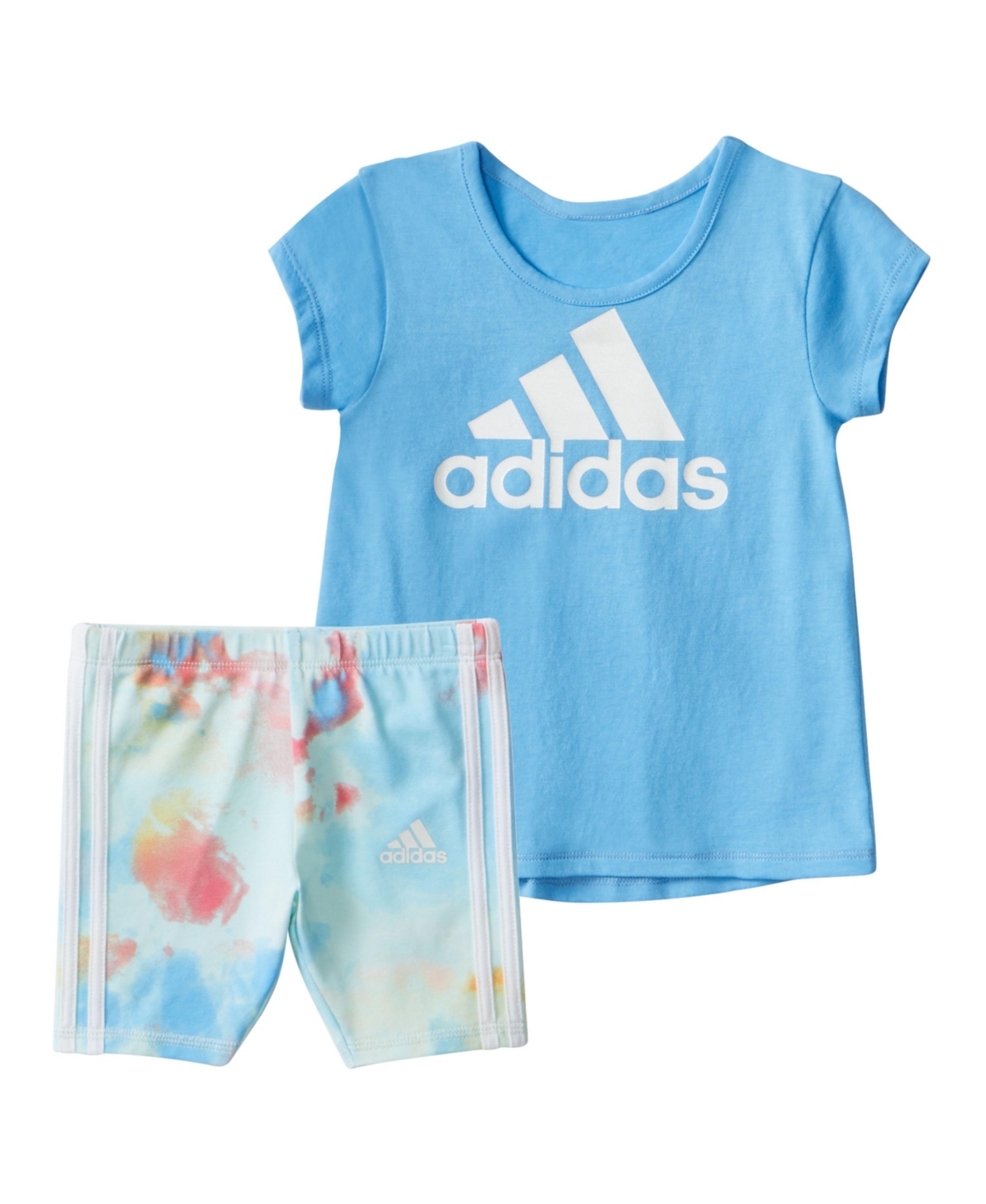 Shop Adidas Originals Baby Girls Two-piece Short Sleeve Back Pleat Top Bike Short Set In Blue