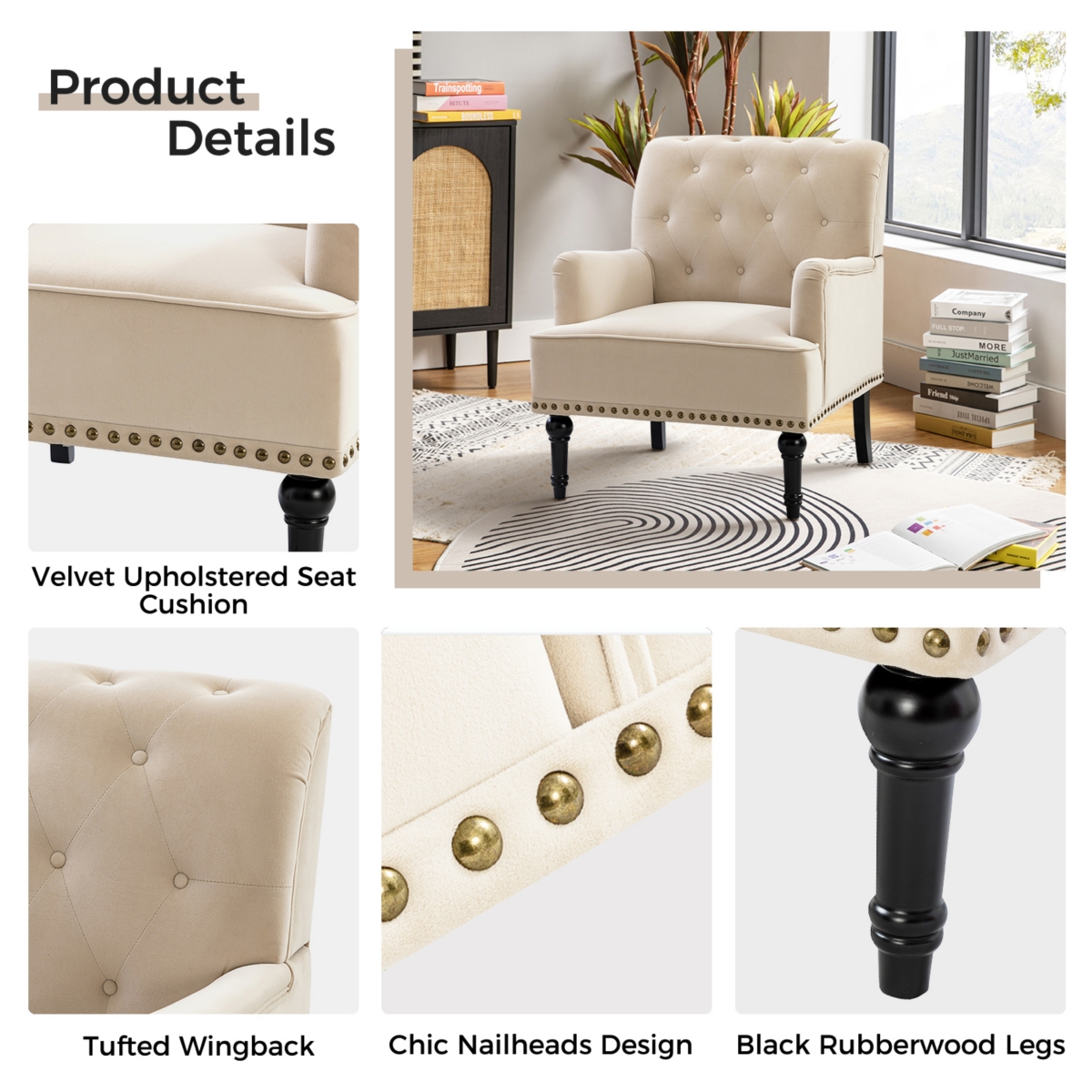 Velvet Tufted Upholstered Single Sofa Chair for Living Room Bedroom