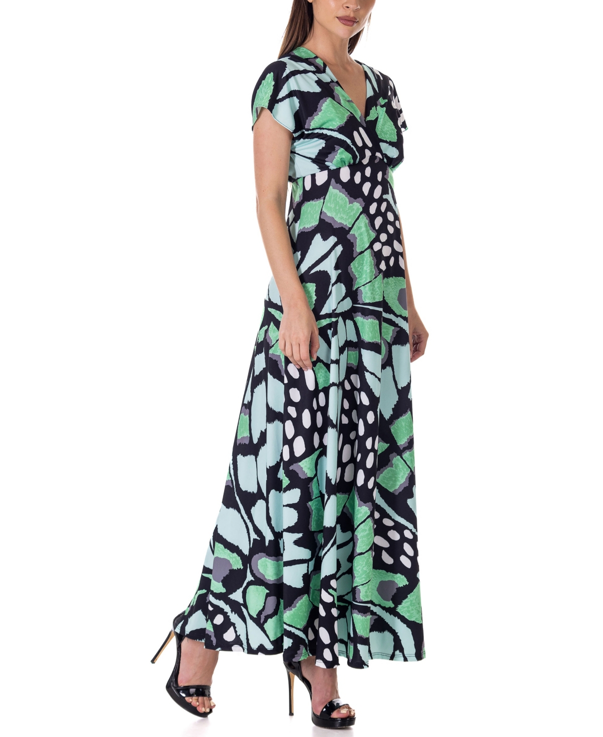 Shop 24seven Comfort Apparel Print V Neck Empire Waist Kimono Cap Sleeve Maxi Dress In Miscellane