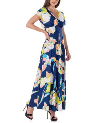 Print V Neck Empire Waist Kimono Cap Sleeve Maxi Dress