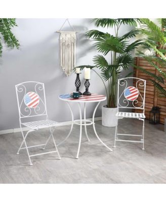 3 Piece Outdoor Patio Dining Bistro Set, 2 Folding Chairs, American Flag Stone Mosaic, Folding Center Table for Garden, Poolside, Porch