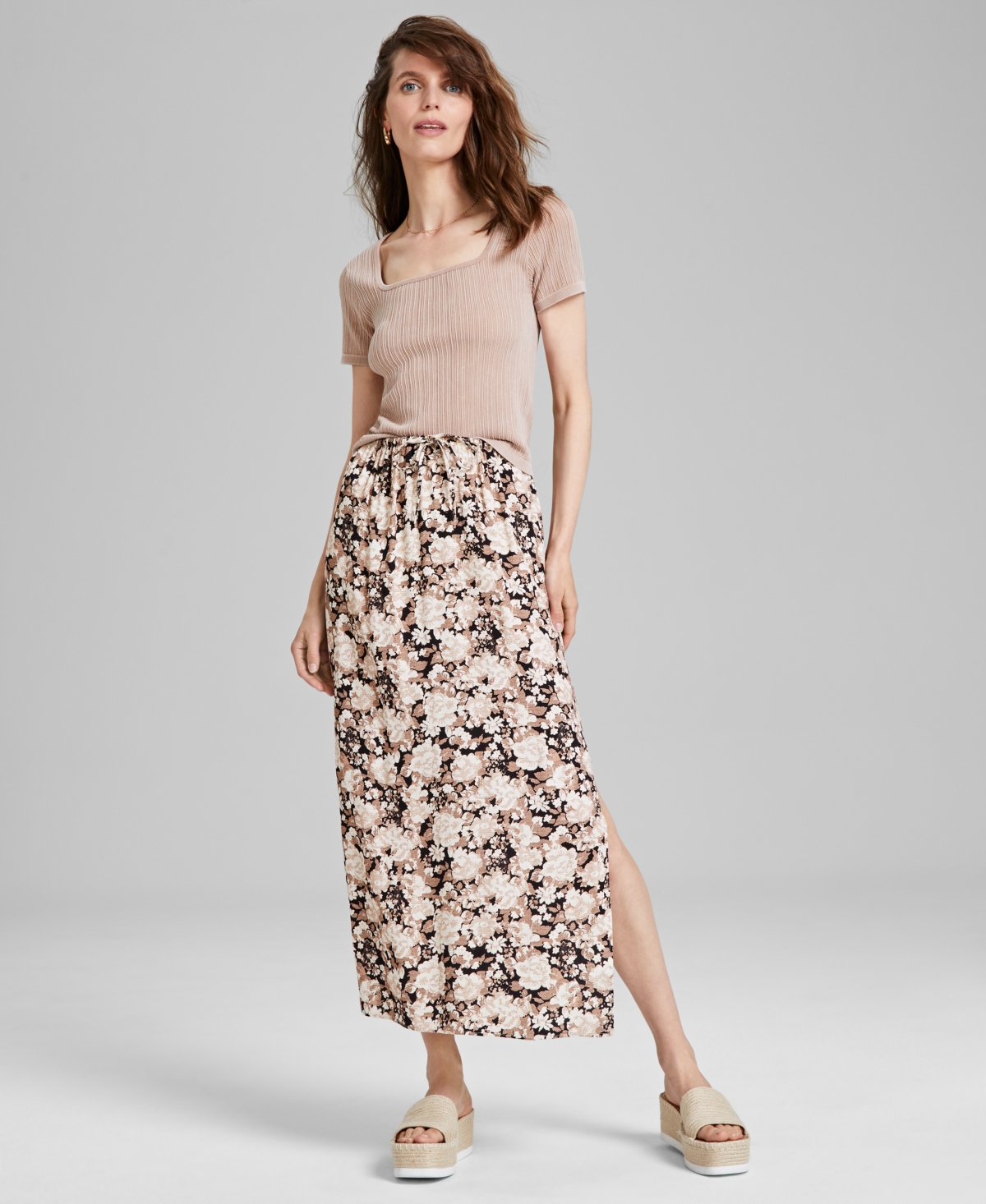 Women's Printed Pull-On Slit-Front Skirt, Created for Macy's - Black Floral