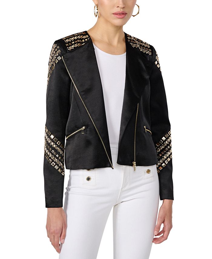 KARL LAGERFELD PARIS Women's Studded Zipper Jacket - Macy's