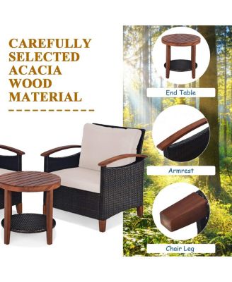 3 Pieces Patio Wicker Furniture Set with Washable Cushion and Acacia Wood Tabletop
