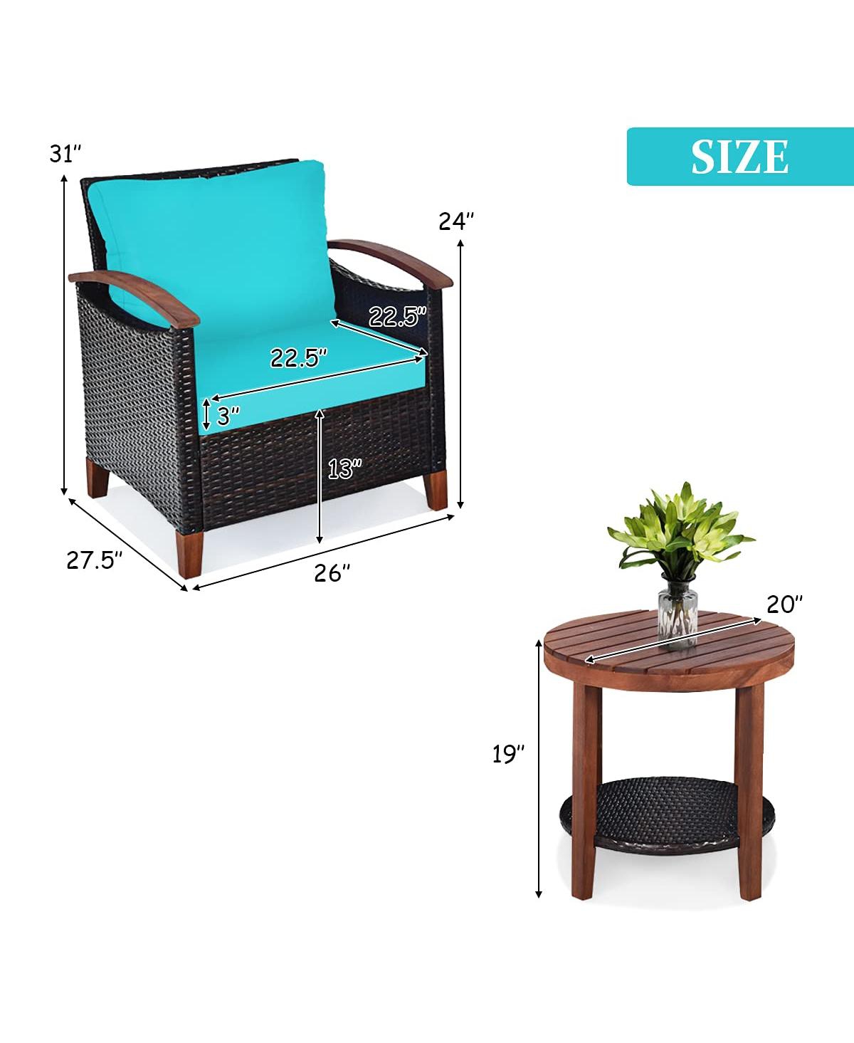Sugift 3 Pieces Patio Wicker Furniture Set with Washable Cushion and Acacia Wood Tabletop