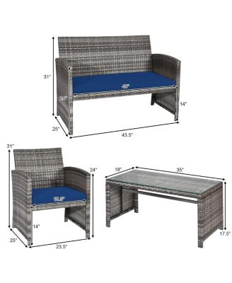 4 Pieces Patio Rattan Furniture Set with Glass Table and Loveseat