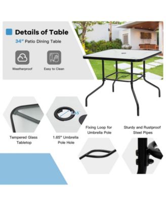 35 Inch Patio Dining Square Tempered Glass Table with Umbrella Hole