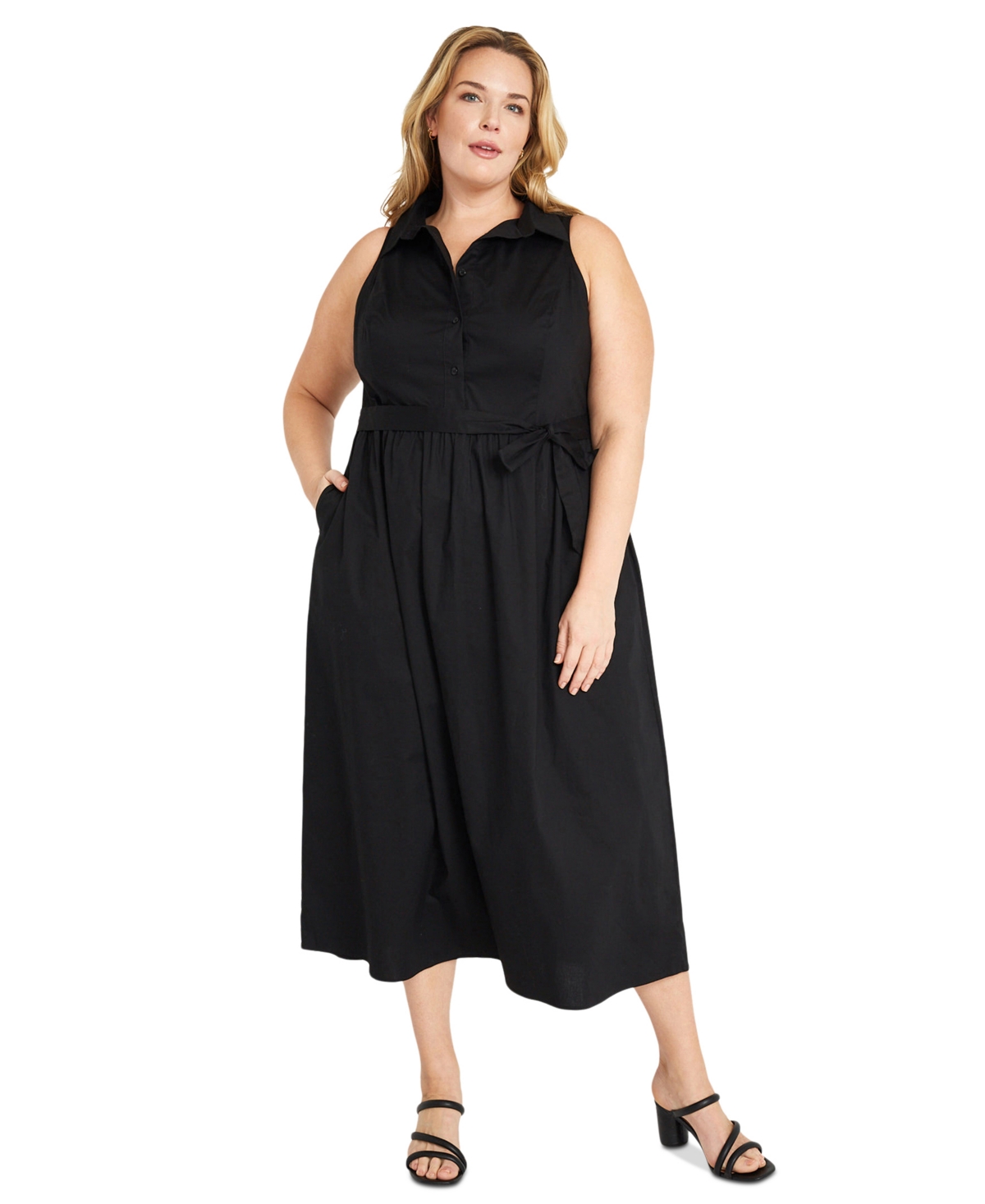 Plus Size Belted Shirtdress - Black