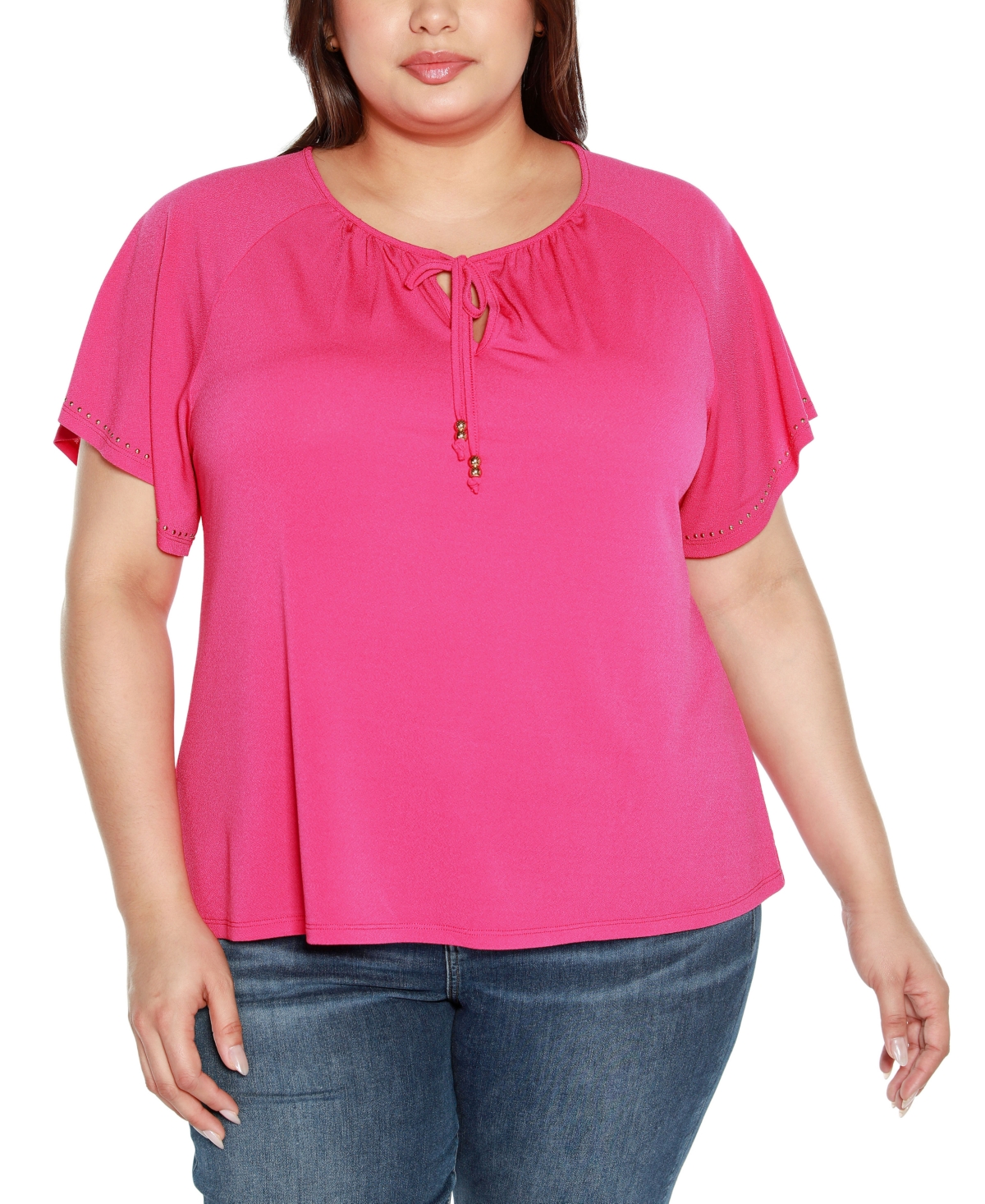 Belldini Black Label Plus Size Embellished Flutter Sleeve Knit Top In Pink