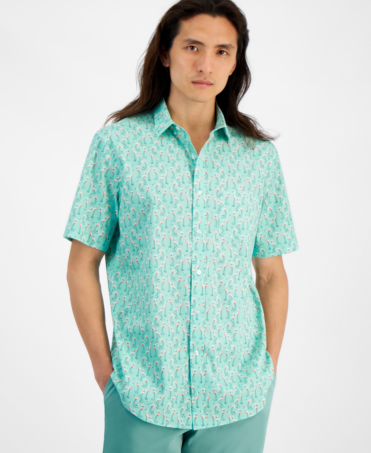 Men's Flamingo State Regular-Fit Stretch Printed Button-Down Poplin Shirt, Created for Macy's - Sprint Mint