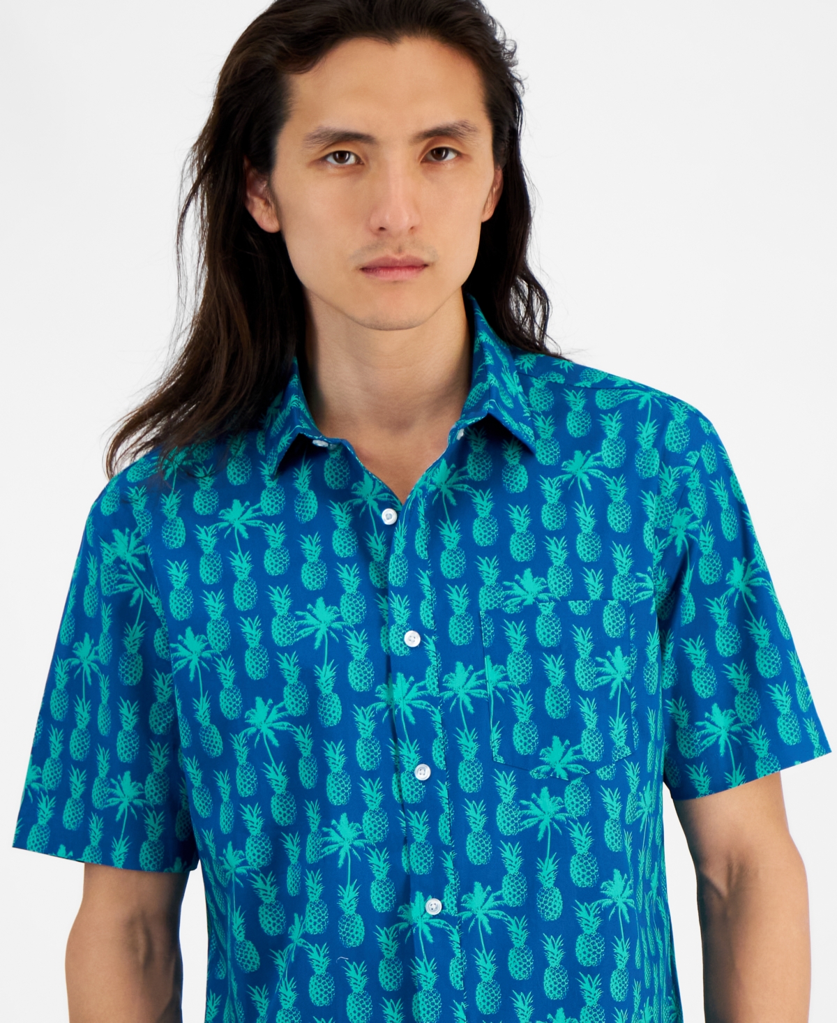 Club Room Men'sRegular-Fit Stretch Tropical-Print Button-Down Poplin Shirt, Created for Macy's - Pineapple Shade