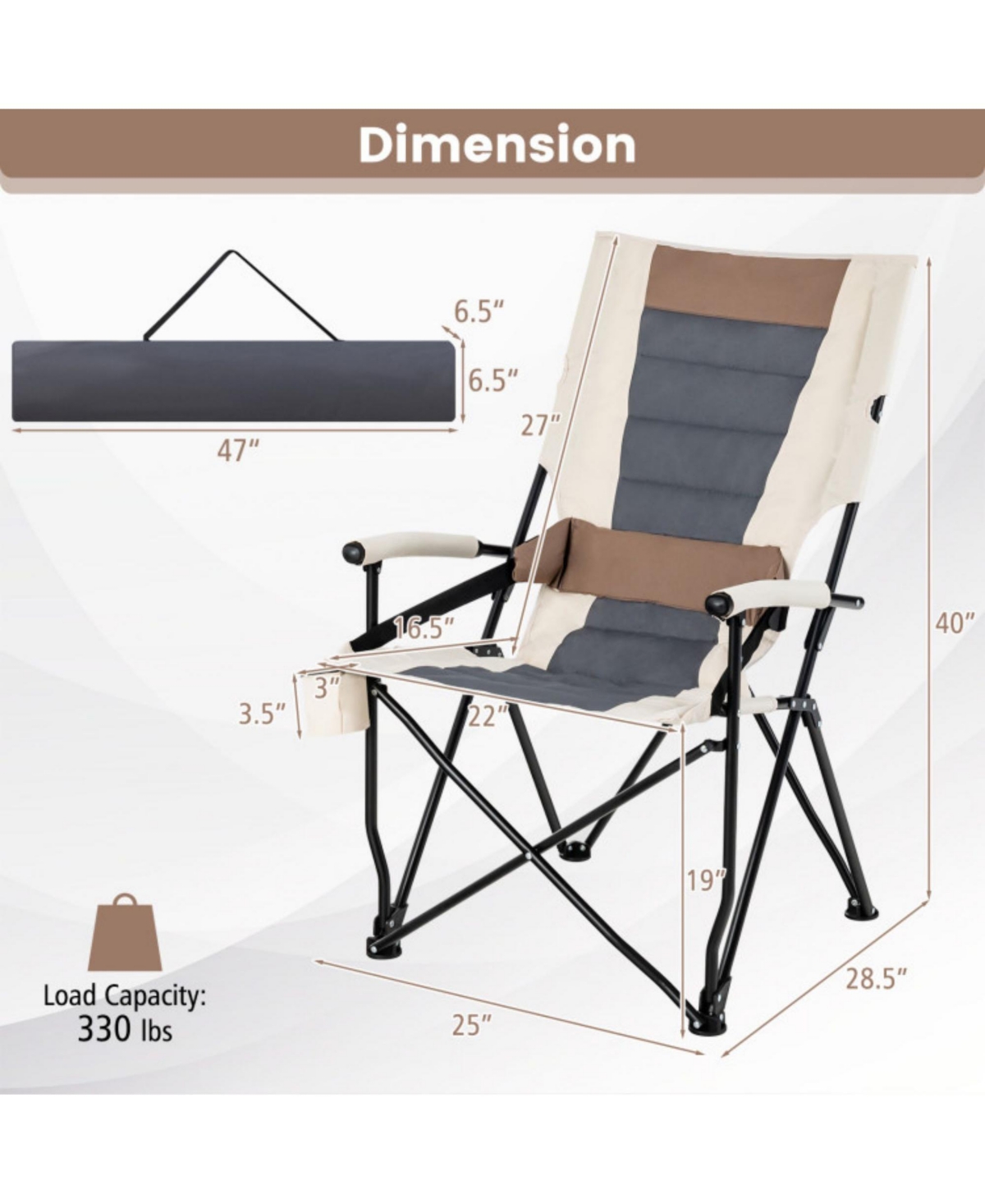 Sugift Folding Camping Chair with Cup Holder Armrest and Lumbar Pillow -khaki