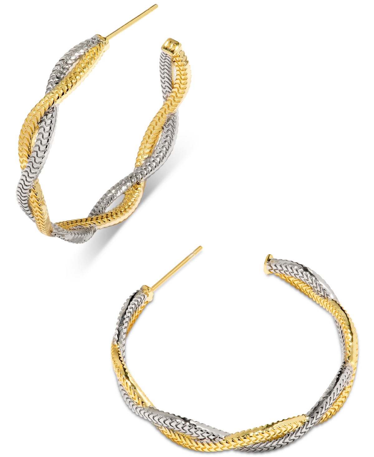 Two-Tone Medium Interwoven Herringbone Chain C-Hoop Earrings, 1.4" - Mixed Meta