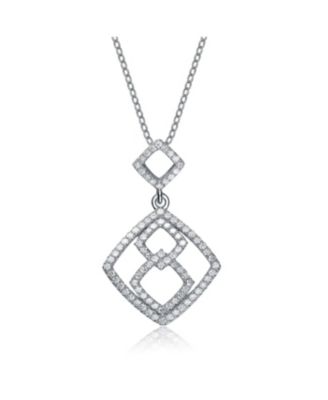 Sterling Silver White Gold Plated and Cubic Zirconia Hollow Double Square Pendant