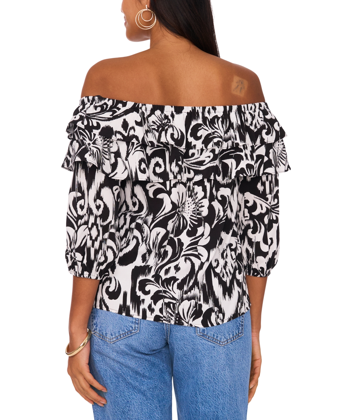 Sam & Jess Women's Printed Tiered-Ruffle Off-The-Shoulder Top - Black  White