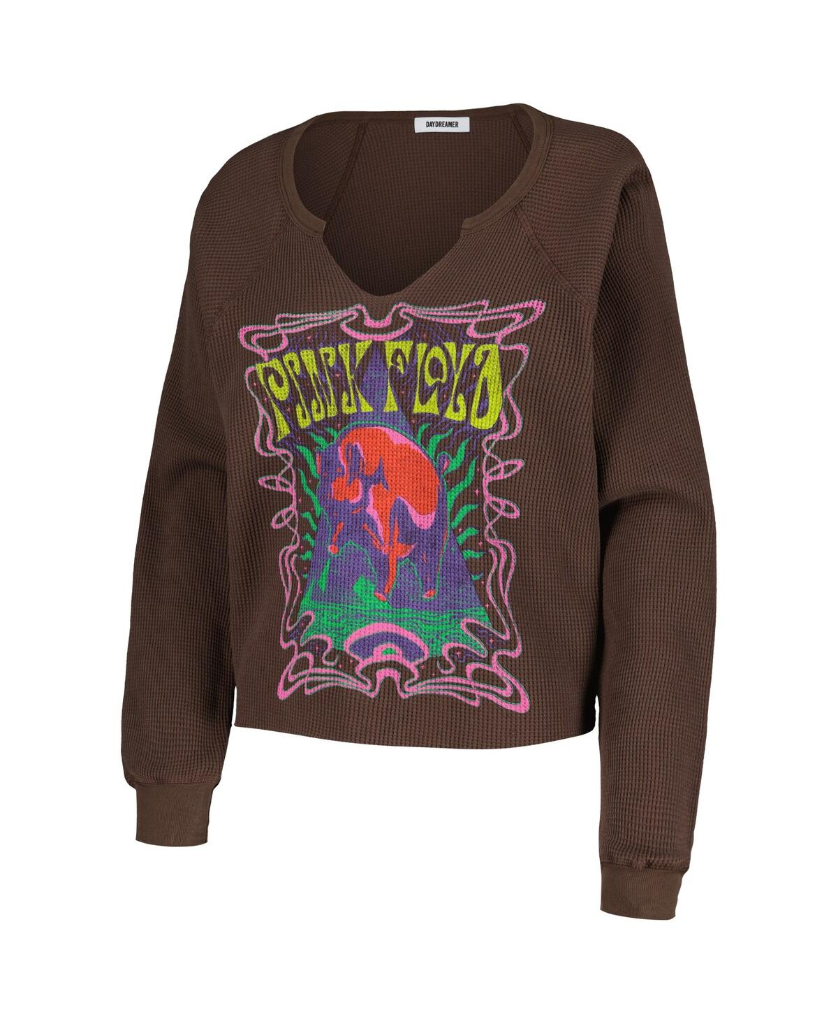 Daydreamer Women'sPink Floyd Cosmic Pyramid Raw Thermal Raglan Long Sleeve T-Shirt - Brown