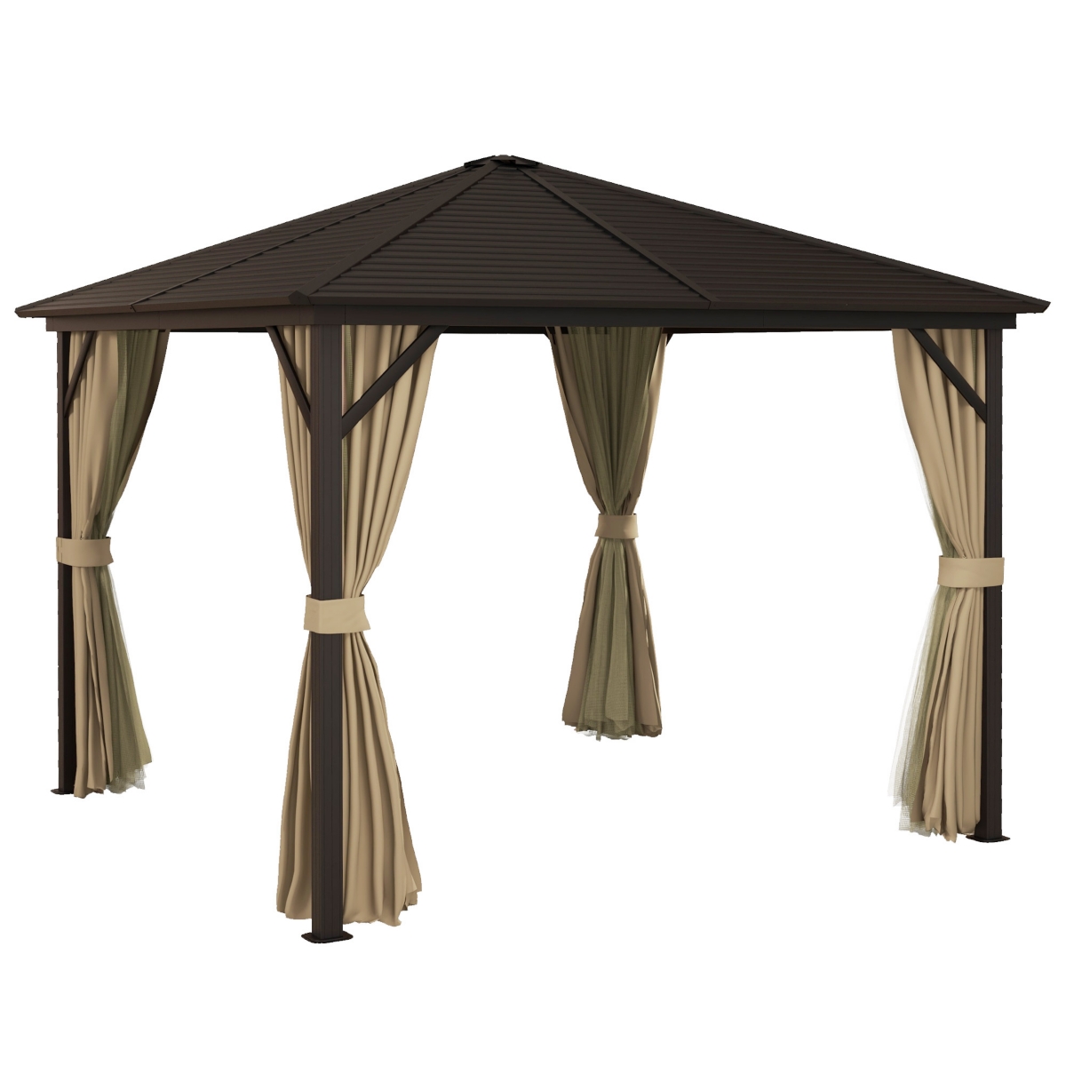 Outsunny 10' x 10' Aluminum Hardtop Gazebo Canopy with Hook, Curtains, Dark Brown
