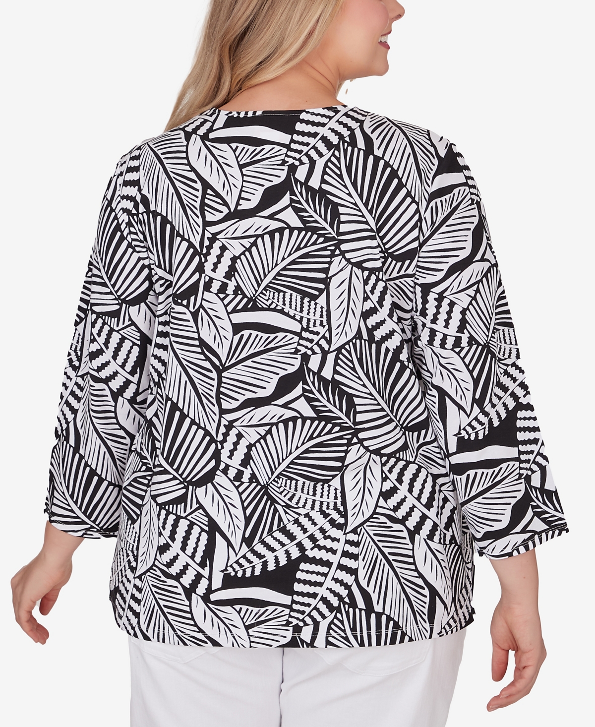 Shop Ruby Rd. Plus Size Tropical Leaf Print Top In Black,white