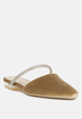 Womens Turnon Velvet Diamante Detail Flat Mules