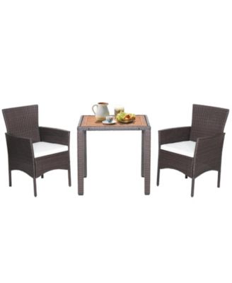3 Pieces Patio Wicker Furniture Set wih Acacia Wood Table Top and Chair Cushiones