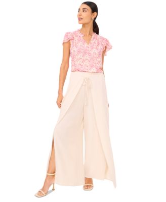 Cece Womens Ruffled Keyhole Neck Flutter Sleeve Blouse Overlap Tie Front Wide Leg Soft Pants In Pink