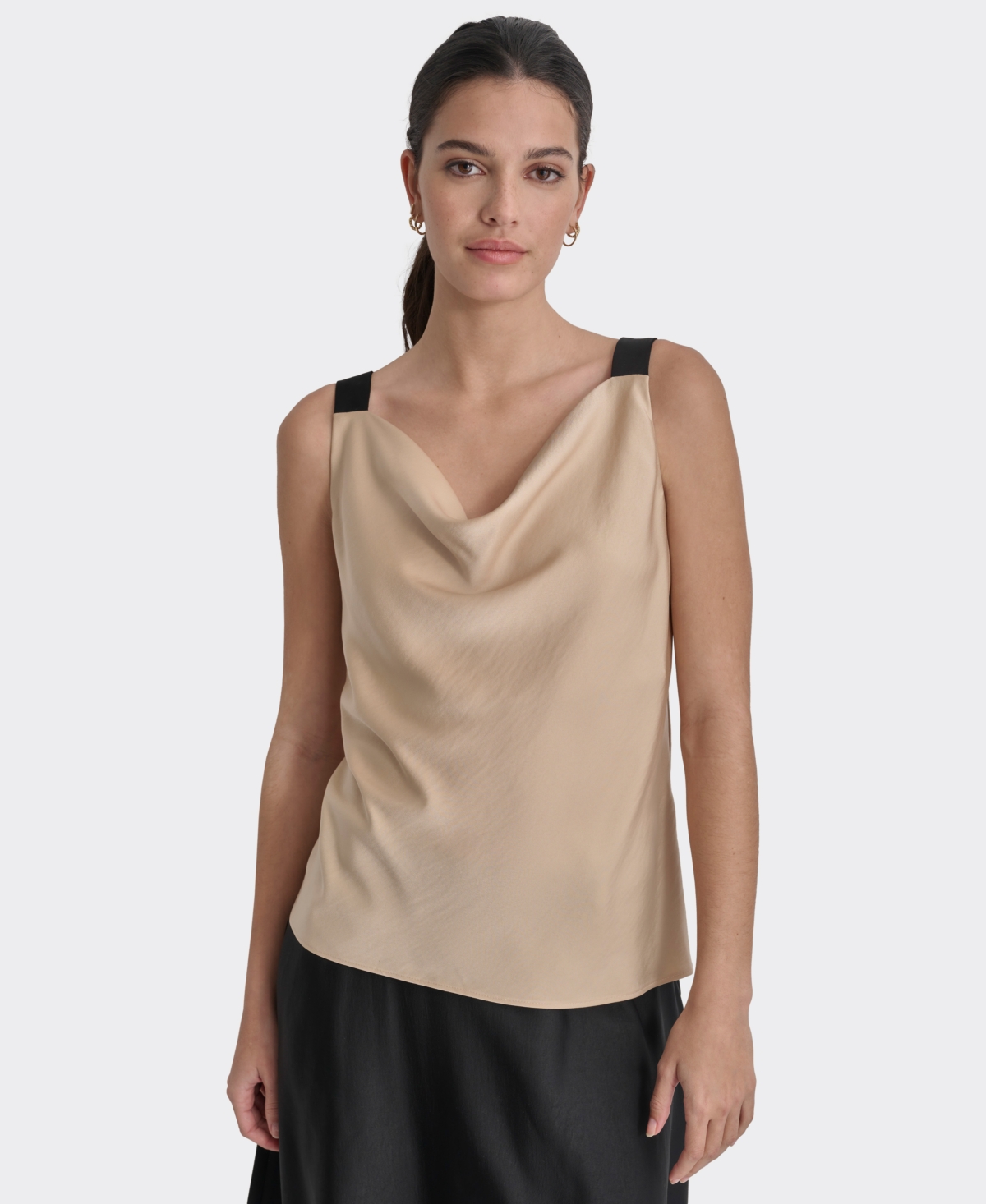 Shop Dkny Women's Cowlneck Sleeveless Colorblocked-strap Tank Top In Sandlewood