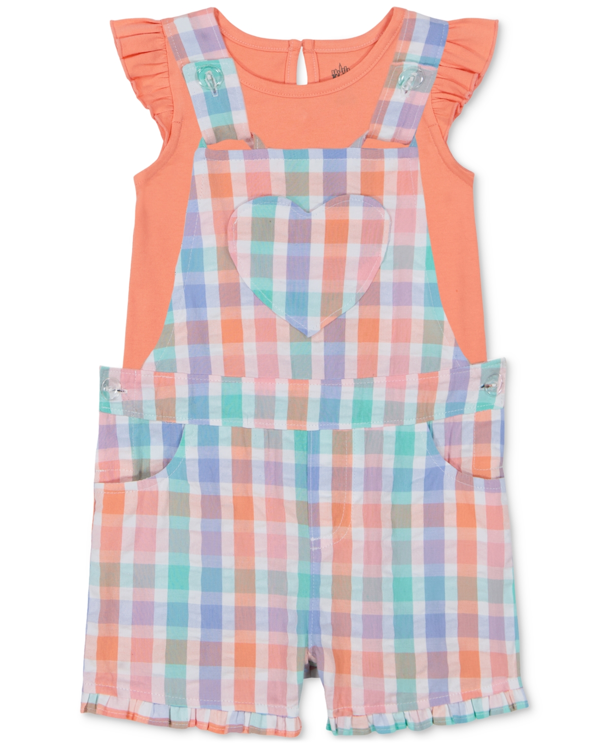 Shop Kids Headquarters Baby Girls Flutter-sleeve T-shirt & Seersucker Plaid Shortall, 2 Piece Set In Assorted