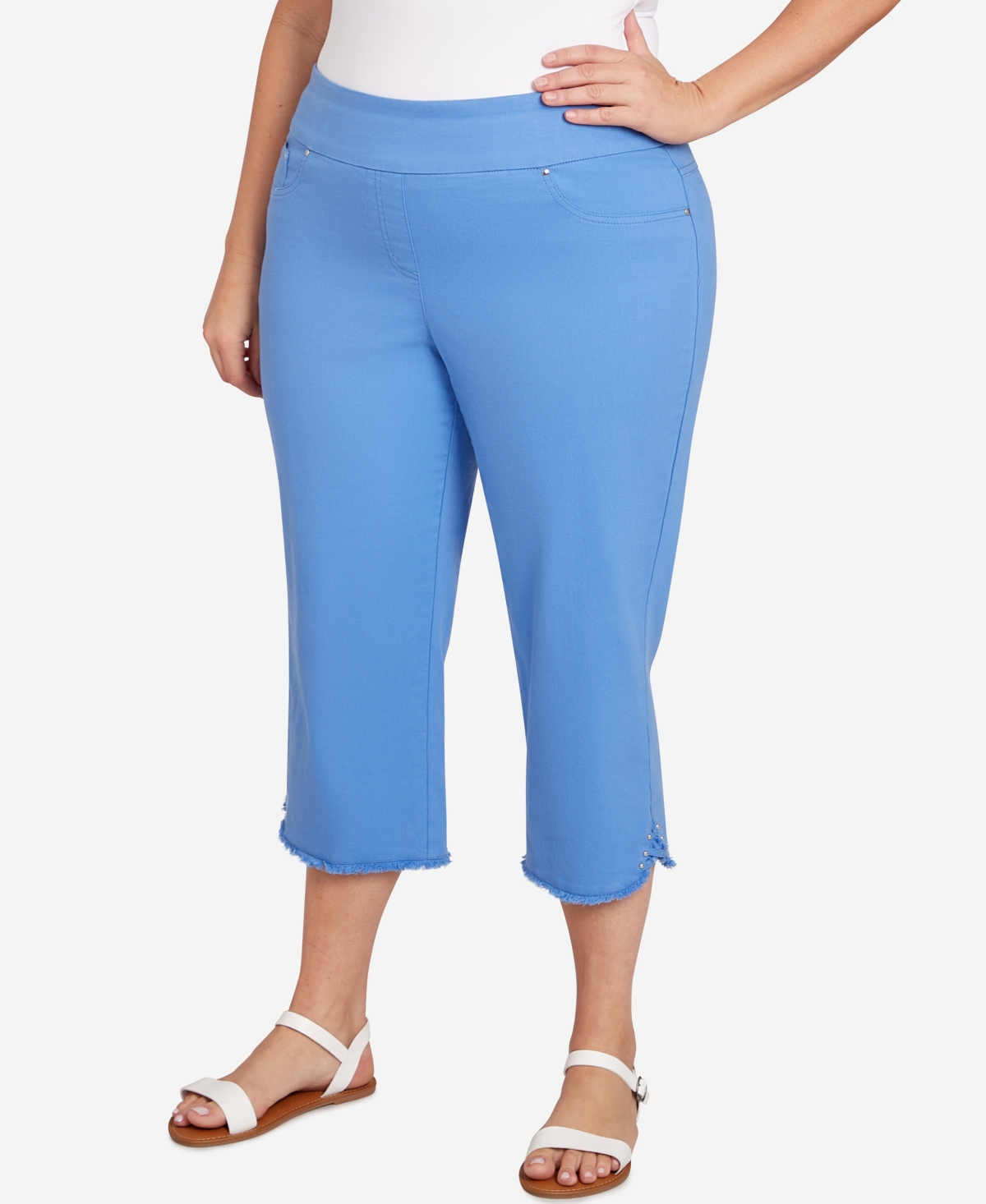 Shop Ruby Rd. Plus Size Pull-on Stretch Denim Lace Hem Capri Pants In Blue Moon